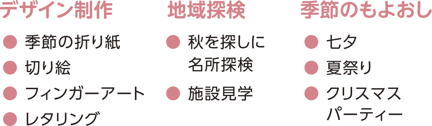 デザイン制作●季節の折り紙●切り絵●フィンガーアート●レタリング　地域探検●秋を探しに名所探検●施設見学　季節のもよおし●七夕●夏祭り●クリスマスパーティー