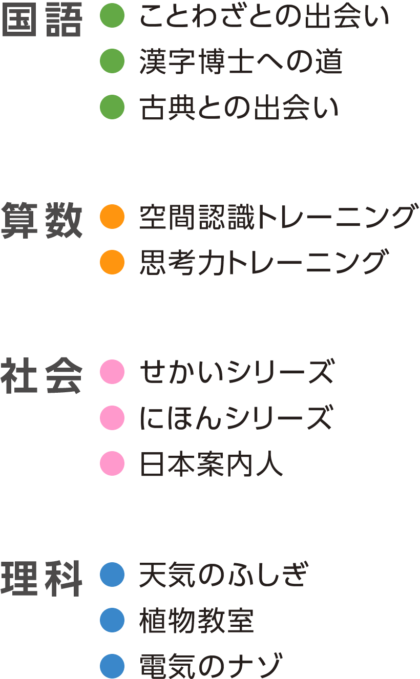 国語　●ことわざとの出会い　●漢字博士への道　●新聞講座　算数　●空間認識トレーニング　●思考力トレーニング　社会　●せかいシリーズ　●にほんシリーズ　●日本案内人　理科　●天気のふしぎ　●植物教室　●電気のナゾ